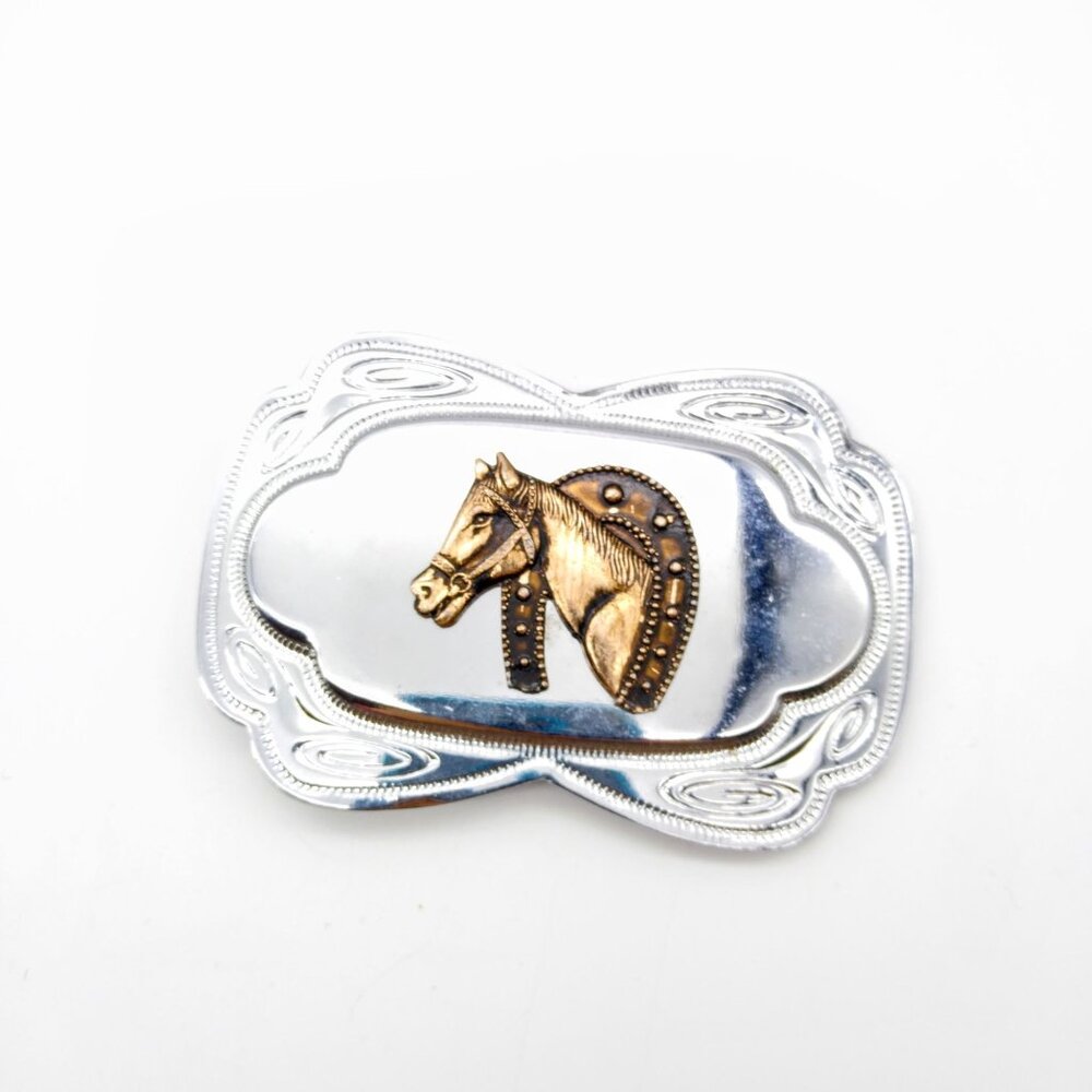 Vintage Western Belt Buckle, Coppery Horse Head in Horseshoe on Silver Tone Tool